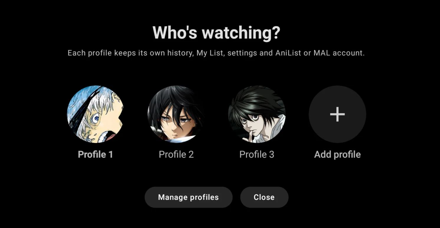 Anilili TV profile selection screen showing multiple profiles